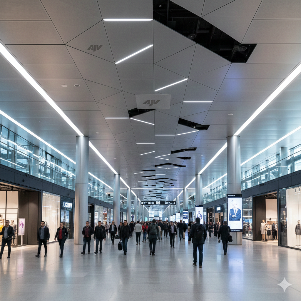 سقف های آلومینیومی مدولار AJV در پروژه های پرتردد؛ راهکار مهندسی برای فضاهای تجاری و عمومی