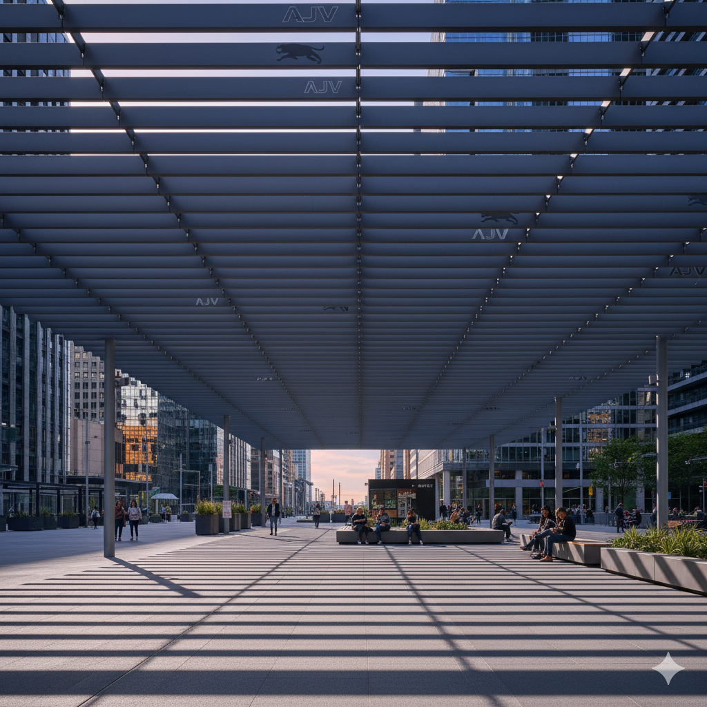 سقف لوور آلومینیومی AJV؛ تهویه طبیعی و طراحی مدرن برای فضاهای شهری